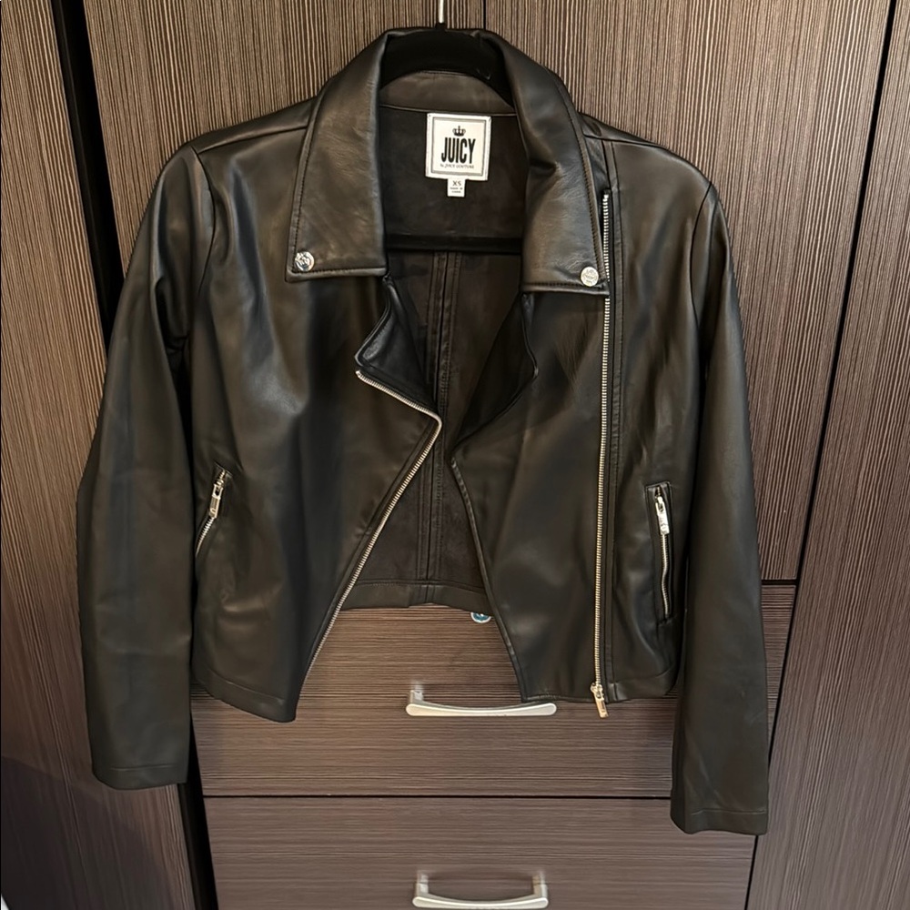 Juicy Couture Black Leather Moto Jacket Asymmetrical Zipper